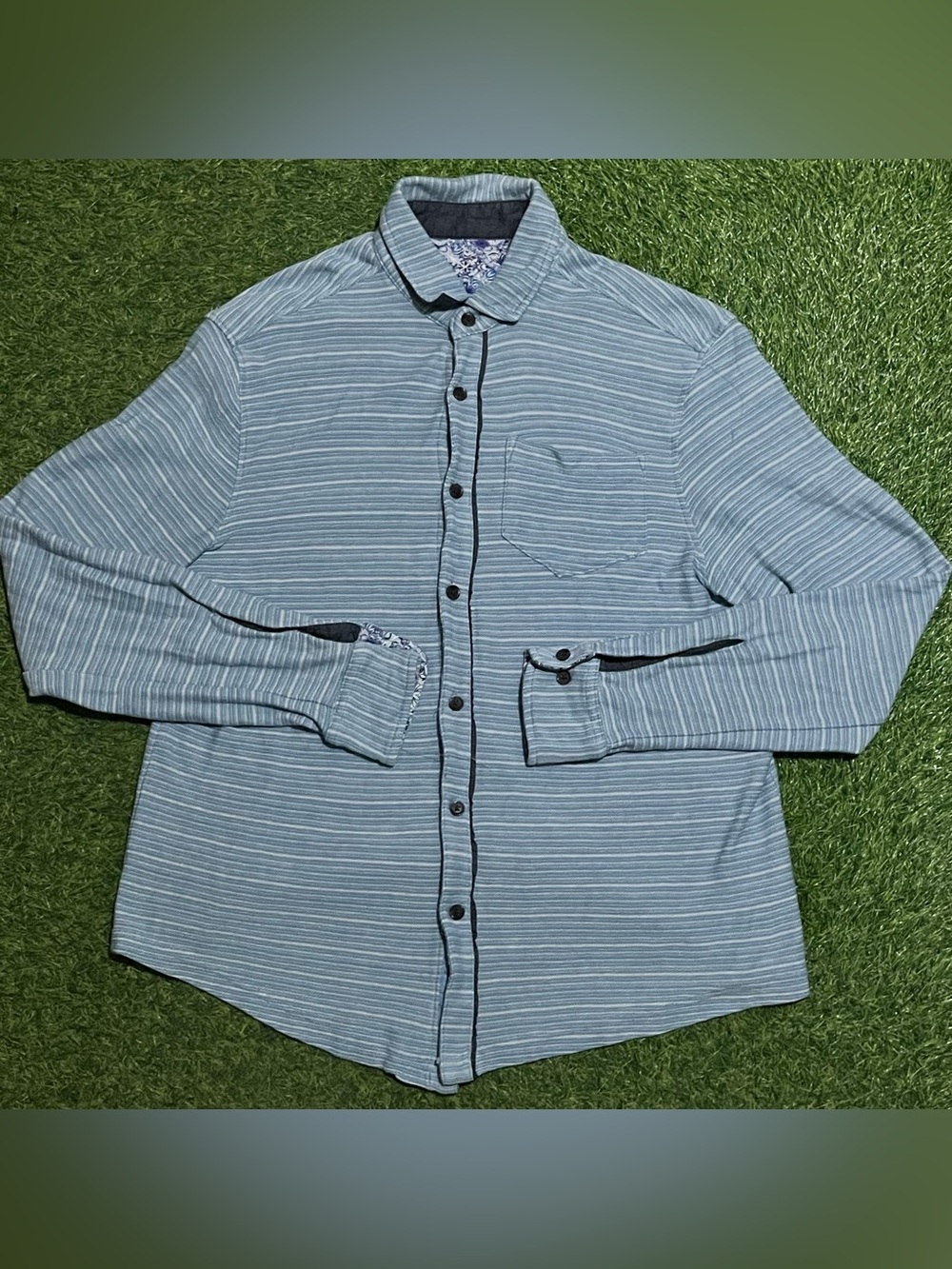 Robert Graham Shirt Mens M Blue Adler Striped Terry Knit Flip Cuff Button Up